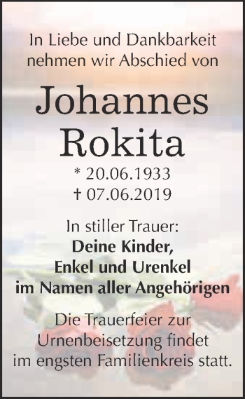 Traueranzeige von Johannes Rokita von WVG - Wochenspiegel Merseburg