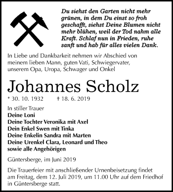 Traueranzeige von Johannes Scholz von Mitteldeutsche Zeitung Quedlinburg