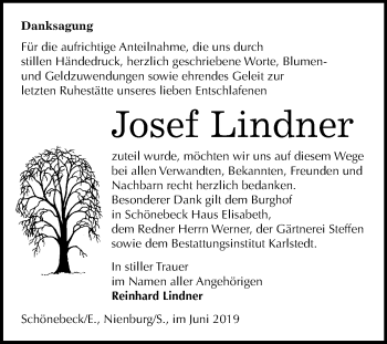 Traueranzeige von Josef Lindner von Mitteldeutsche Zeitung Bernburg