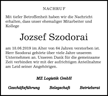 Traueranzeige von Jozsef Szodorai von Mitteldeutsche Zeitung Halle/Saalkreis