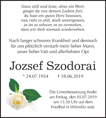 Traueranzeige von Jozsef Szodorai von Mitteldeutsche Zeitung Halle/Saalkreis