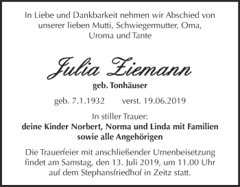 Traueranzeige von Julia Ziemann von WVG - Wochenspiegel NMB / WSF / ZTZ