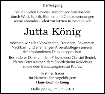 Traueranzeige von Jutta König von Mitteldeutsche Zeitung Halle/Saalkreis