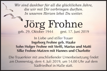 Traueranzeige von Jörg Frohne von Mitteldeutsche Zeitung Halle/Saalkreis