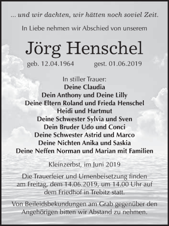 Traueranzeige von Jörg Henschel von WVG - Wochenspiegel Wittenberg