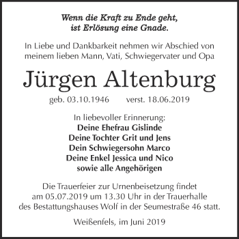 Traueranzeige von Jürgen Altenburg von WVG - Wochenspiegel NMB / WSF / ZTZ