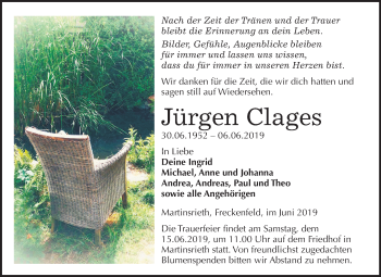 Traueranzeige von Jürgen Clages von Mitteldeutsche Zeitung Sangerhausen