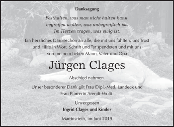 Traueranzeige von Jürgen Clages von Super Sonntag SGH Mansf. Land