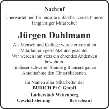 Traueranzeige von Jürgen Dahlmann von Super Sonntag Wittenberg