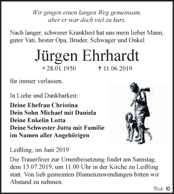 Traueranzeige von Jürgen Ehrhardt von WVG - Wochenspiegel NMB / WSF / ZTZ
