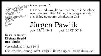 Traueranzeige von Jürgen Pawlik von Mitteldeutsche Zeitung Merseburg/Querfurt