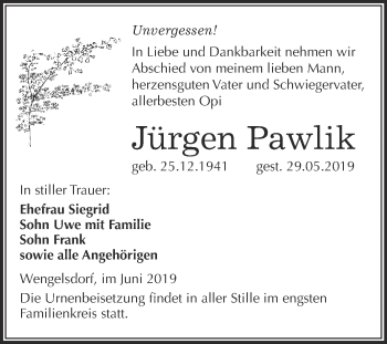 Traueranzeige von Jürgen Pawlik von Super Sonntag Merseburg