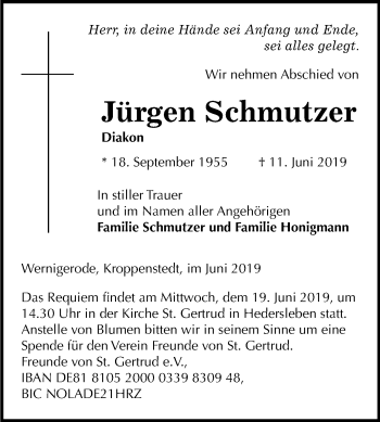 Traueranzeige von Jürgen Schmutzer von Mitteldeutsche Zeitung Quedlinburg