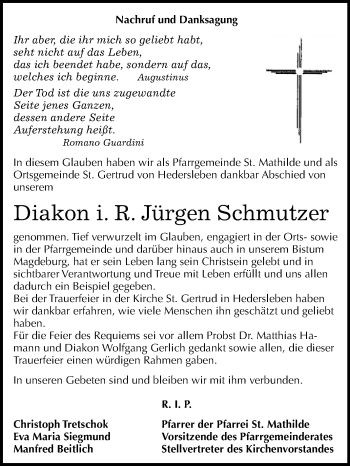 Traueranzeige von Jürgen Schmutzer von Mitteldeutsche Zeitung Quedlinburg