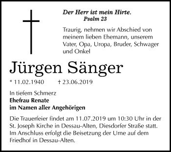 Traueranzeige von Jürgen Sänger von Mitteldeutsche Zeitung Dessau-Roßlau