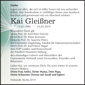 Traueranzeige von Kai Gleißner von Mitteldeutsche Zeitung