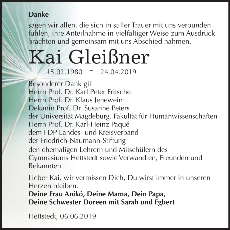 Traueranzeige für Kai Gleißner vom 08.06.2019 aus Mitteldeutsche Zeitung