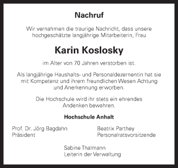 Traueranzeige von Karin Koslosky von WVG - Wochenspiegel Dessau / Köthen