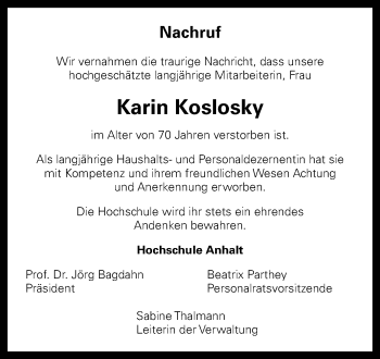 Traueranzeige von Karin Koslosky von Mitteldeutsche Zeitung