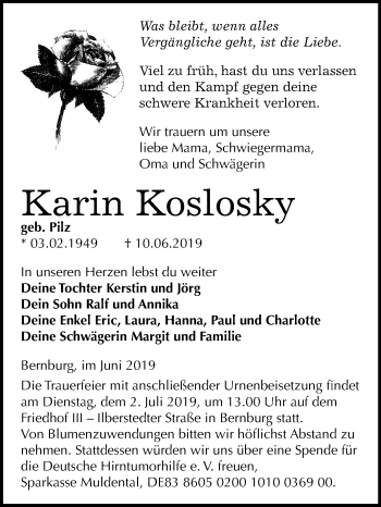 Traueranzeige von Karin Koslosky von Mitteldeutsche Zeitung Bernburg