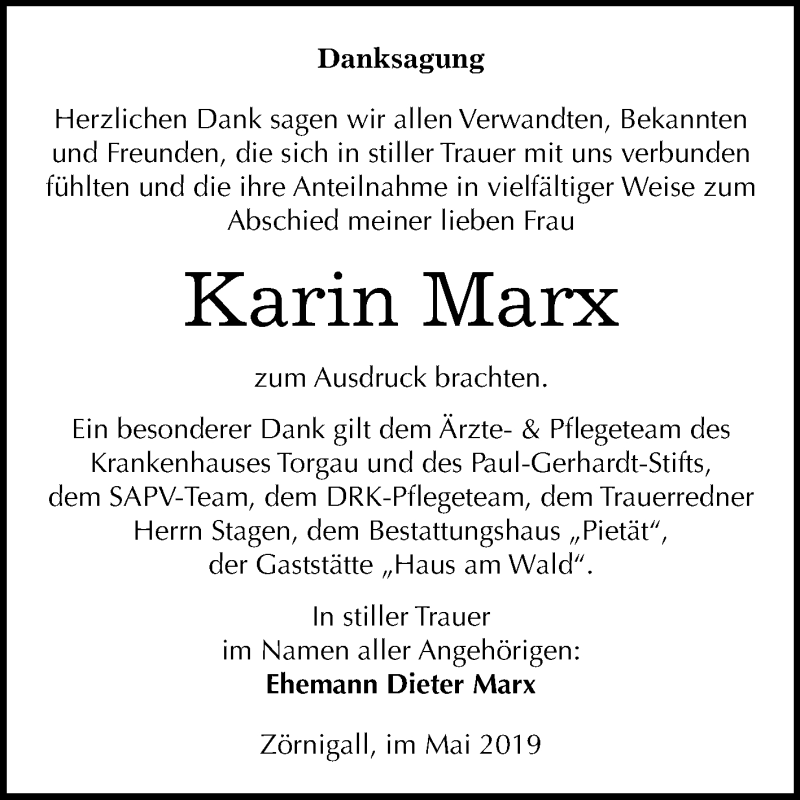  Traueranzeige für Karin Marx vom 08.06.2019 aus WVG - Wochenspiegel Wittenberg