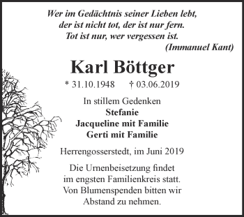 Traueranzeige von Karl Böttger von WVG - Wochenspiegel NMB / WSF / ZTZ