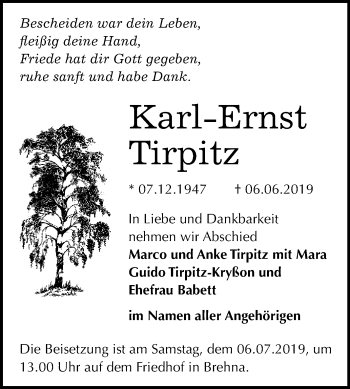 Traueranzeige von Karl-Ernst Tirpitz von WVG - Wochenspiegel Bitterfeld