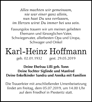 Traueranzeige von Karl-Heinz Hoffmann von Mitteldeutsche Zeitung