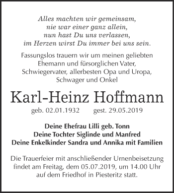 Traueranzeige von Karl-Heinz Hoffmann von WVG - Wochenspiegel Wittenberg
