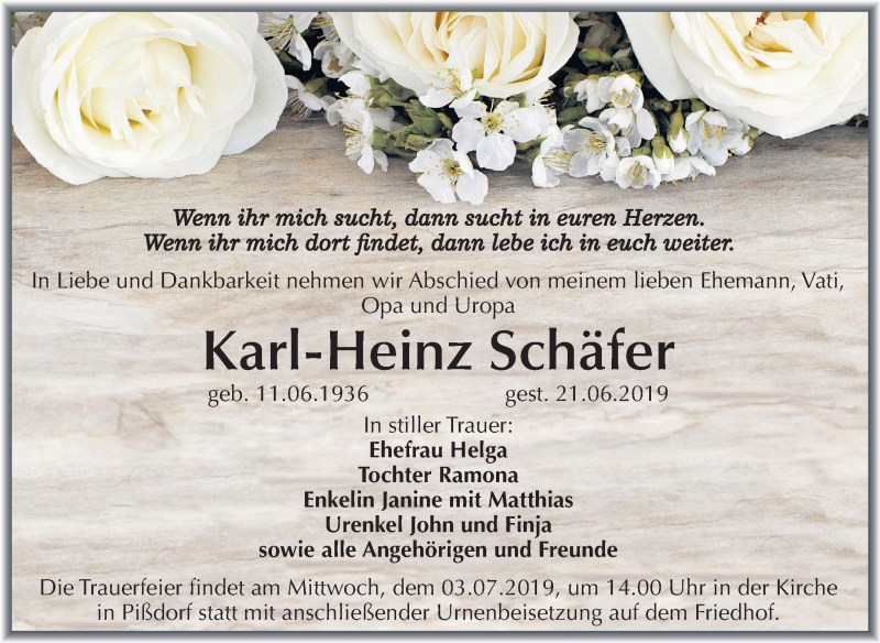  Traueranzeige für Karl-Heinz Schäfer vom 29.06.2019 aus Mitteldeutsche Zeitung Köthen