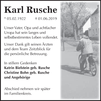 Traueranzeige von Karl Rusche von WVG - Wochenspiegel NMB / WSF / ZTZ