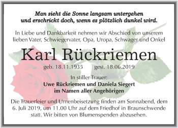 Traueranzeige von Karl Rückriemen von Mitteldeutsche Zeitung