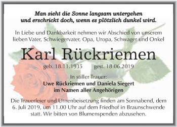 Traueranzeige von Karl Rückriemen von Super Sonntag SGH Mansf. Land