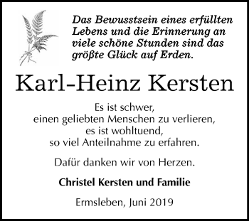 Traueranzeige von Karl Heinz Kersten von WVG - Wochenspiegel Quedlinburg