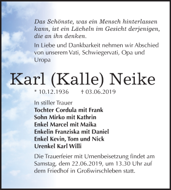 Traueranzeige von Karl Kalle Neike von Mitteldeutsche Zeitung Bernburg