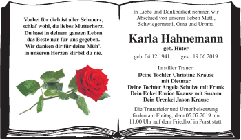 Traueranzeige von Karla Hahnemann von Mitteldeutsche Zeitung Köthen