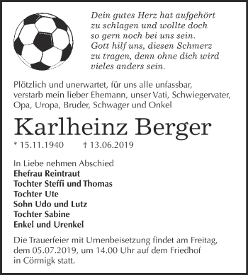 Traueranzeige von Karlheinz Berger von Super Sonntag Bernburg