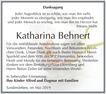 Traueranzeige von Katharina Behnert von Mitteldeutsche Zeitung Mansfelder Land