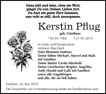 Traueranzeige von Kerstin Pflug von Wochenspiegel Mansfelder Land