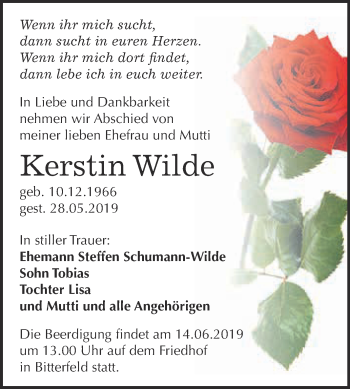 Traueranzeige von Kerstin Wilde von WVG - Wochenspiegel Bitterfeld