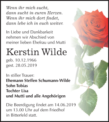 Traueranzeige von Kerstin Wilde von Mitteldeutsche Zeitung Bitterfeld