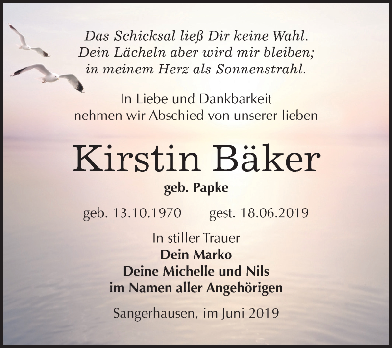  Traueranzeige für Kirstin Bäker vom 22.06.2019 aus Mitteldeutsche Zeitung