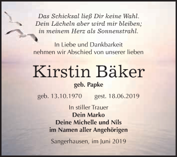 Traueranzeige von Kirstin Bäker von Super Sonntag SGH Mansf. Land