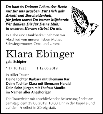Traueranzeige von Klara Ebinger von WVG - Wochenspiegel Bitterfeld