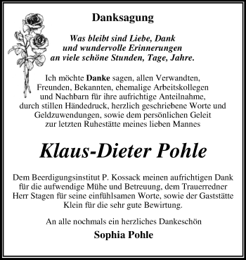 Traueranzeige von Klaus-Dieter Pohle von WVG - Wochenspiegel Dessau / Köthen