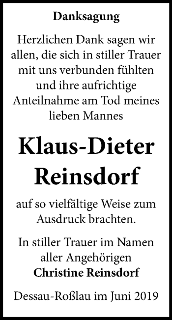 Traueranzeige von Klaus-Dieter Reinsdorf von Mitteldeutsche Zeitung Dessau-Roßlau