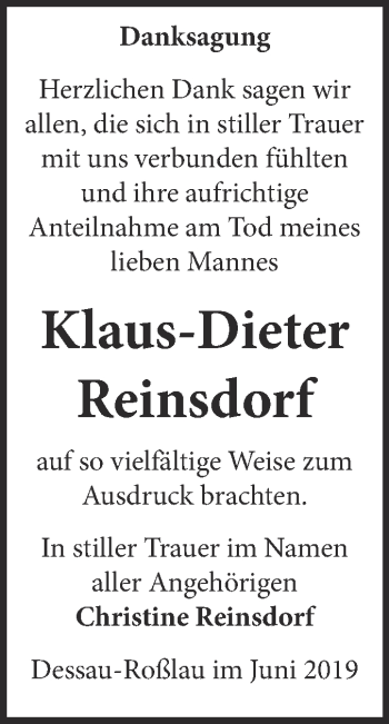Traueranzeige von Klaus-Dieter Reinsdorf von WVG - Wochenspiegel Dessau / Köthen