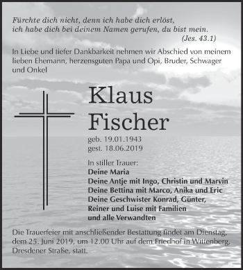 Traueranzeige von Klaus Fischer von WVG - Wochenspiegel Wittenberg