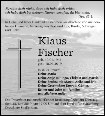 Traueranzeige von Klaus Fischer von Mitteldeutsche Zeitung