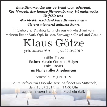 Traueranzeige von Klaus Götze von WVG - Wochenspiegel Merseburg